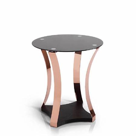 Odkládací stolek se skládá ze zlatavě růžové a černé desky.